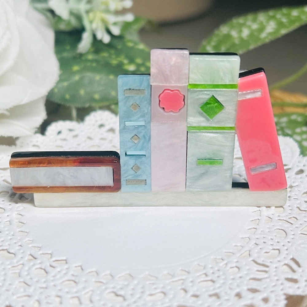 Fun Acrylic Book Shelf and Books Brooch Pin.